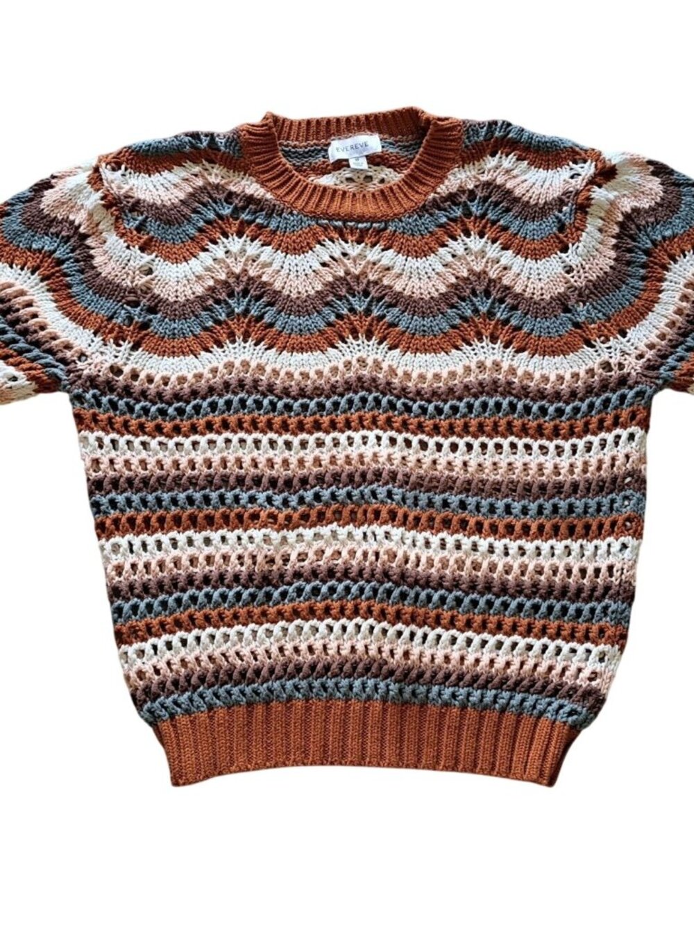 Evereve Multicolor Chevron Open Knit Cotton Sweater Size M Short Sleeve Boho